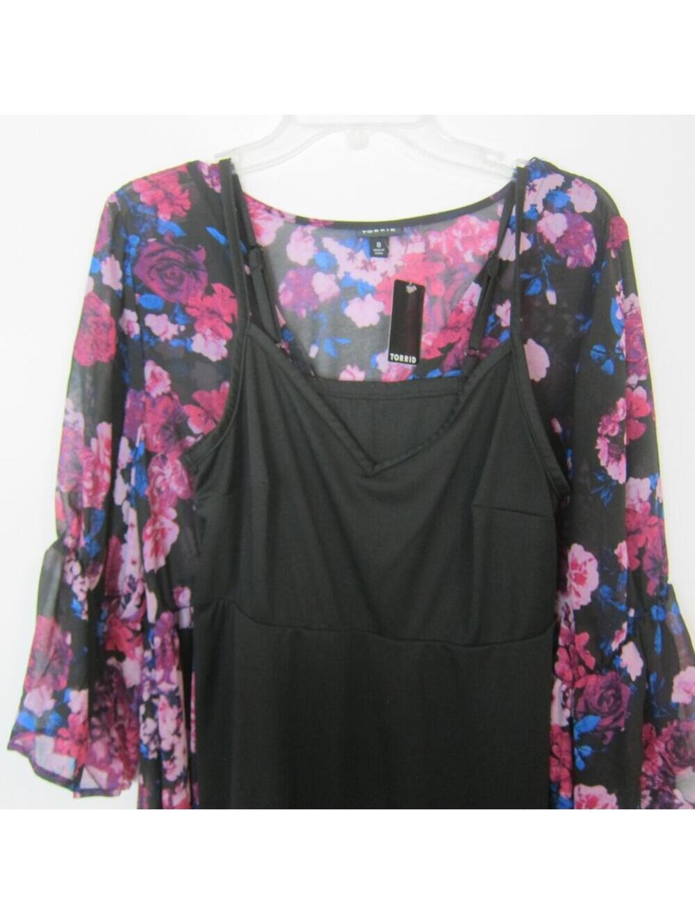 Torrid Maxi Dress 0 Large 12 Pink Purple Blue Floral Chiffon & Black Slip NEW - Picture 9 of 15